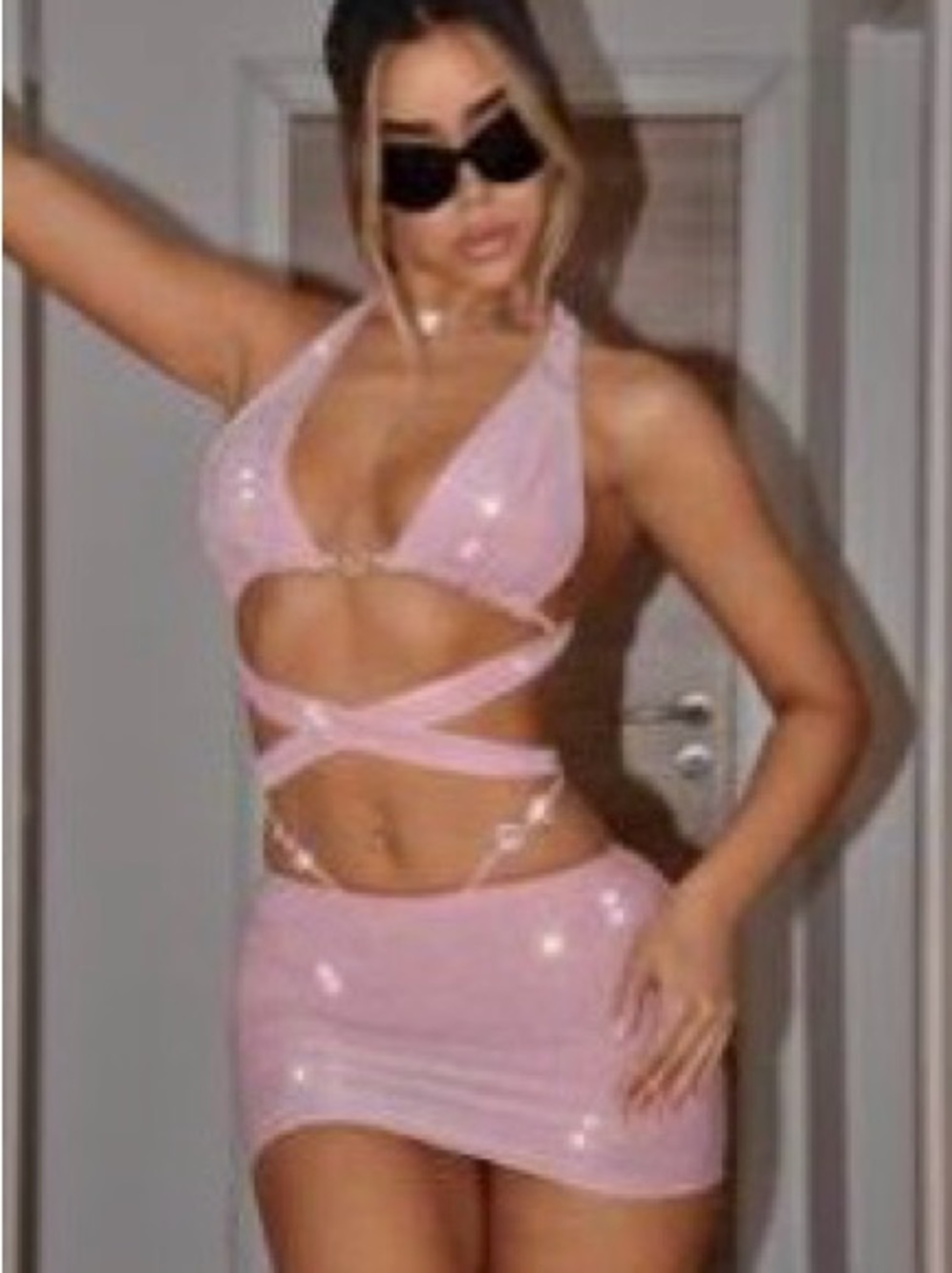 Pink Glitter Heart Charm Halter Top & Mini Skirt Co-Ord Set | XS